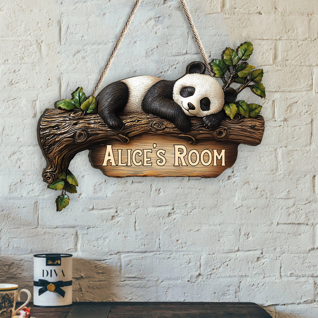 Cute Panda Bedroom Sign - Personalized Panda Lover Custom Shaped Wood Sign