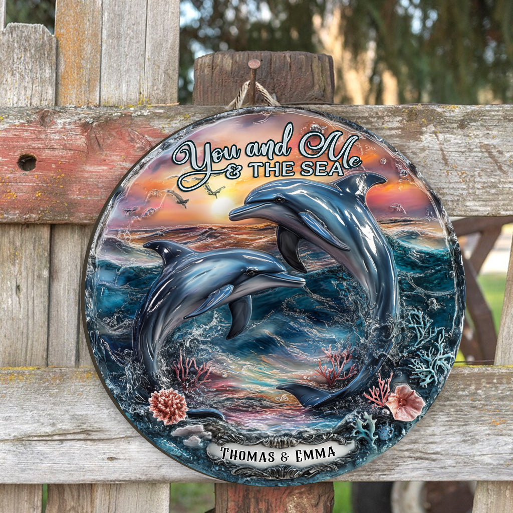 You And Me And The Sea - Personalized Dolphin Custom Shaped Wood Sign