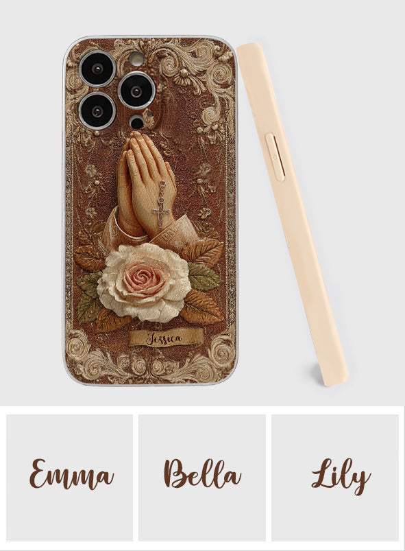 Betende Hände mit Rosen – Personalisierte christliche Handyhülle aus Leder