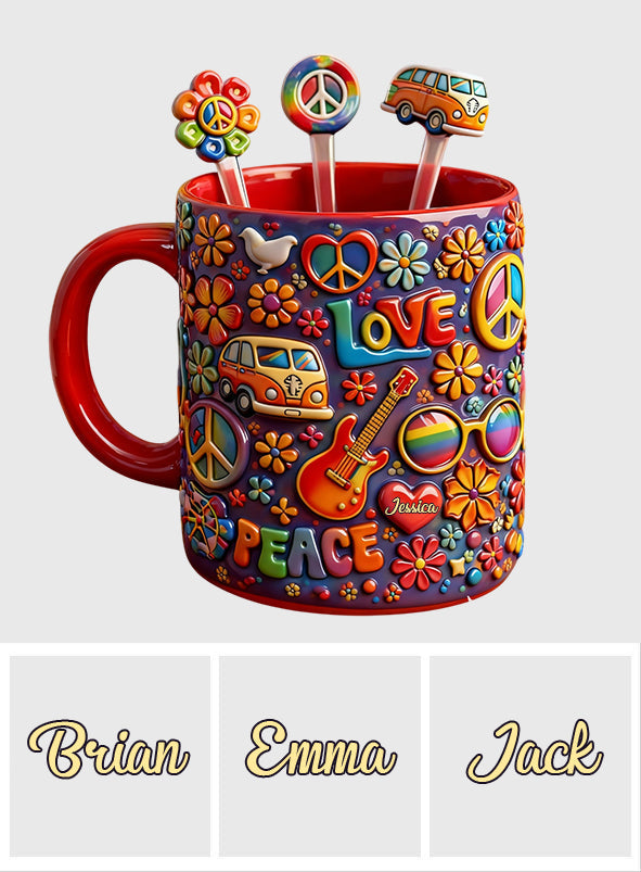 Hippie-Frieden-Liebe – Personalisierter Hippie-Becher mit Acryl-Rührstäbchen