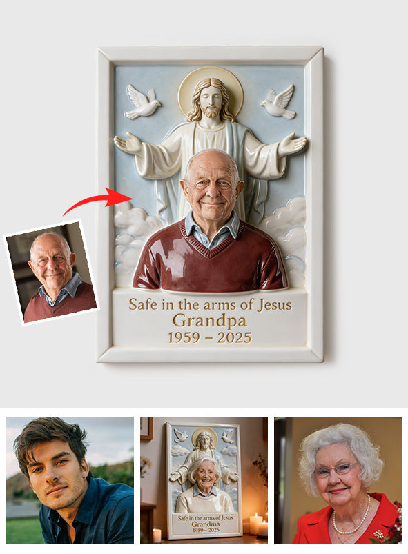 Geborgen in Jesu Armen – Personalisierte Gedenktafel aus Holz in individueller Form