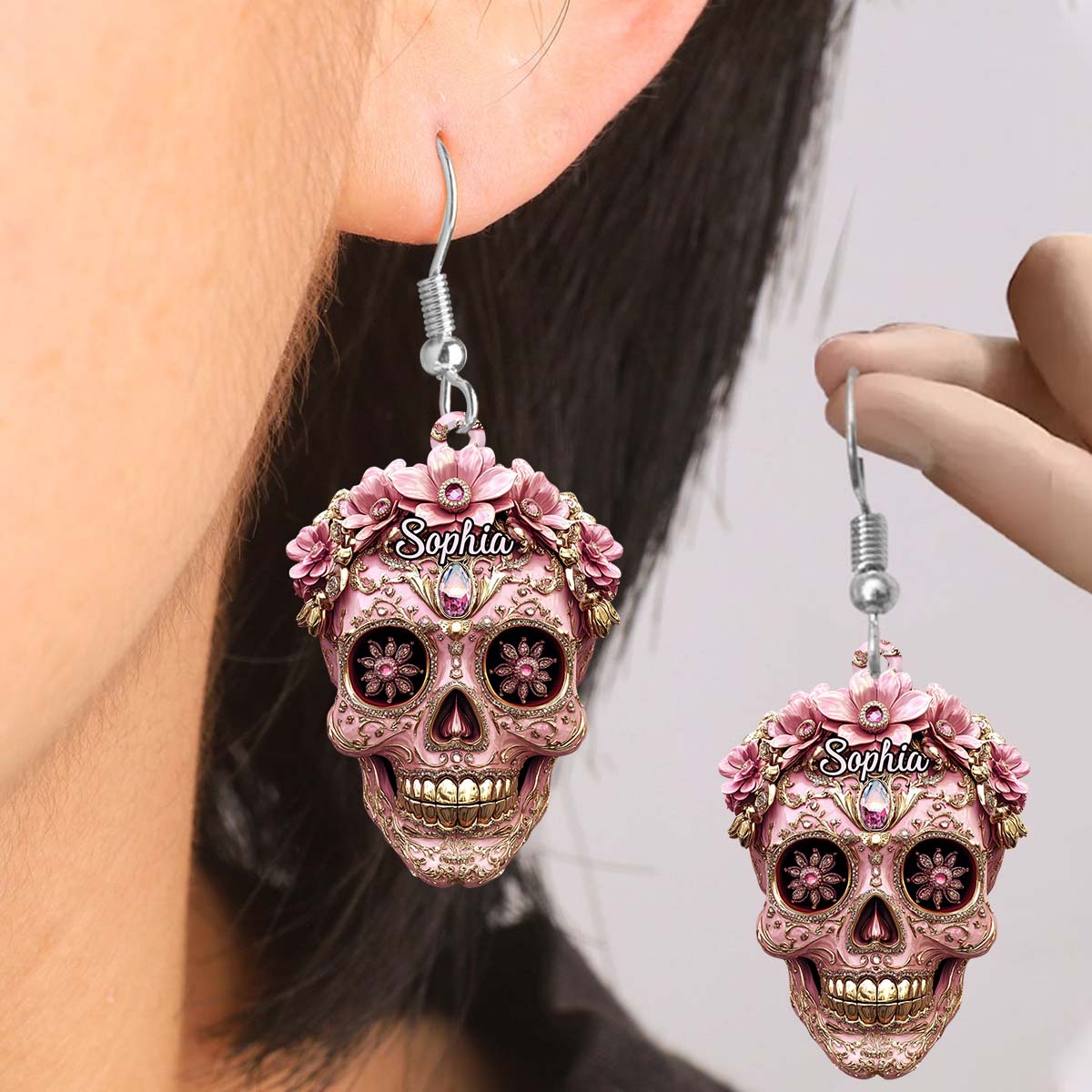 Beautiful Pink Skull - Personalized Skull Transparent Earrings