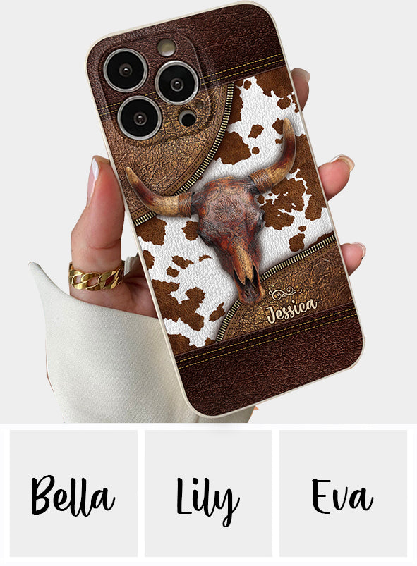 Skeleton Bull Skull - Personalized Western Leather Phone Case