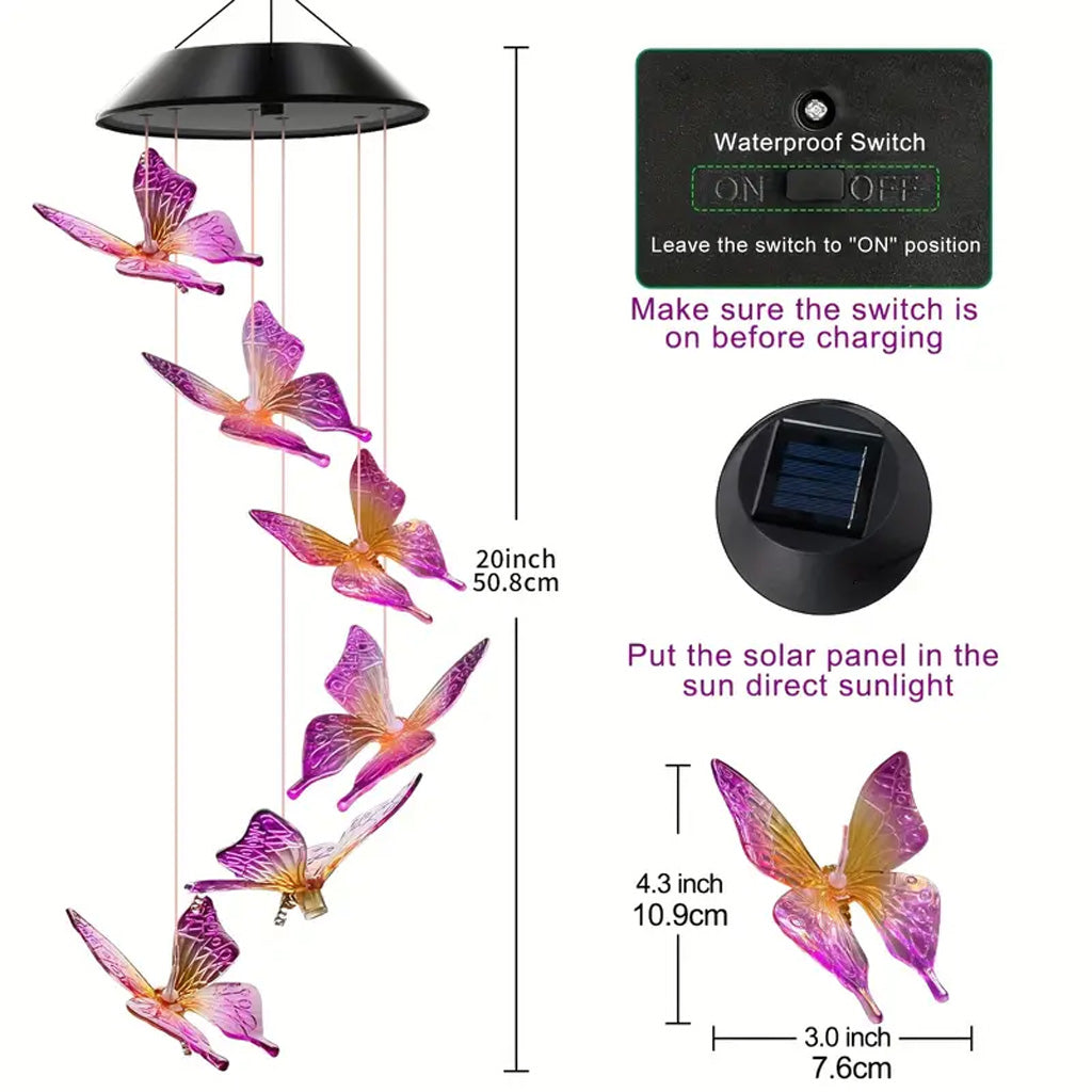 Purple Butterfly Solar Wind Chimes Color Changing Lights