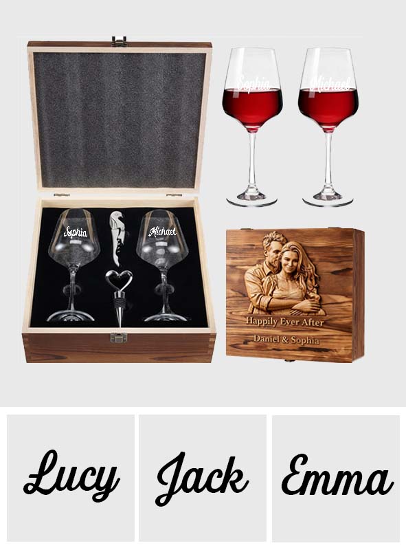 Happily Ever After - Personalized Couple Wine Glasses Set With Wooden Box