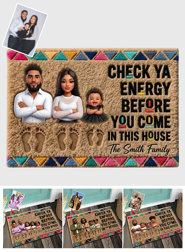 Check Your Energy Before You Come In - Personalized African American Shaped Doormat/ Rug
