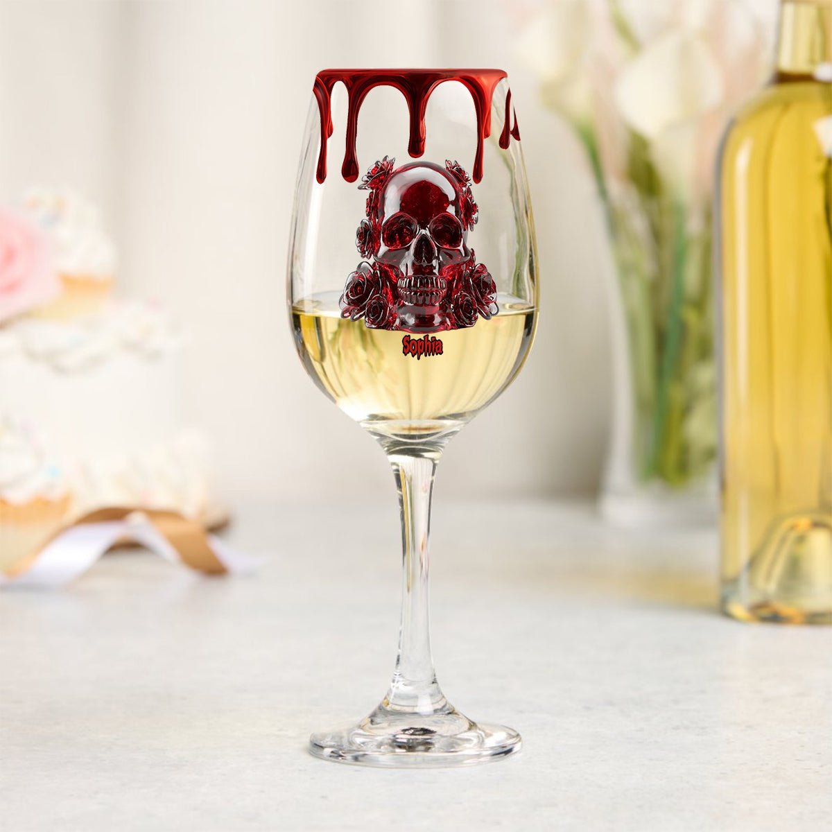 Skull & Roses - Personalized Skull Wine Glass With Long Stem