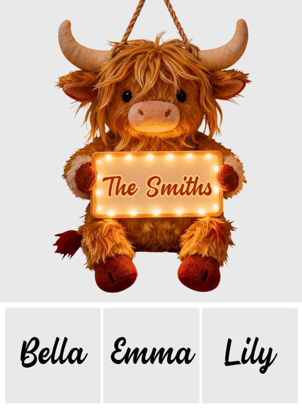 « Home Sweet Home » - Panneau lumineux LED personnalisé représentant une vache des Highlands en acrylique
