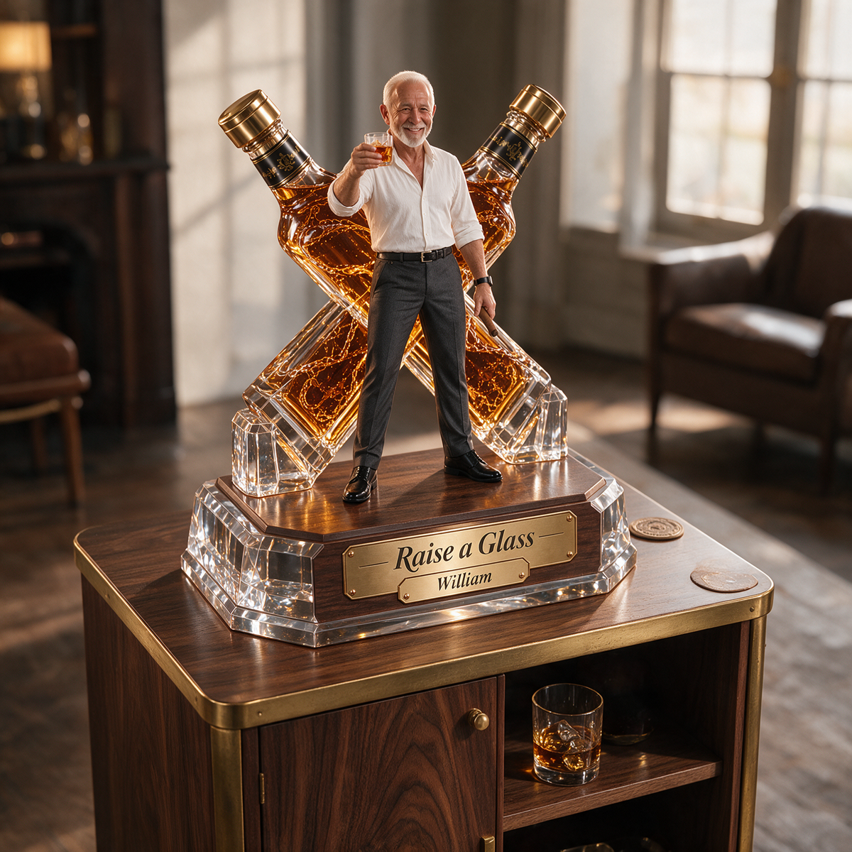 Personalized Whiskey Acrylic Plaque - Custom Photo Crossed-Bottle Sculpture