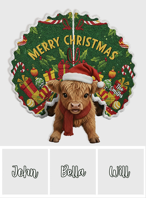 Merry Christmas - Personalized Highland Cow Shaped Tree Skirt