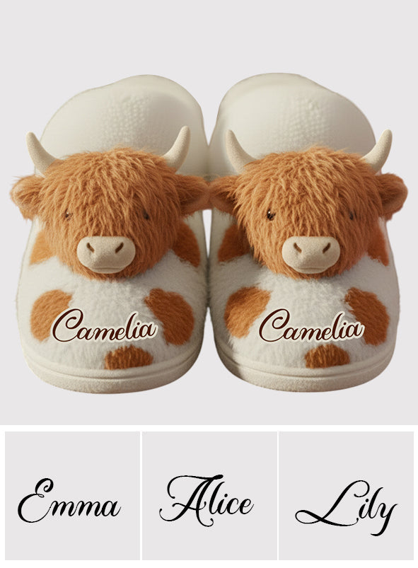 Love Highland Cow - Personalized Highland Cow Slippers With Fur Lining