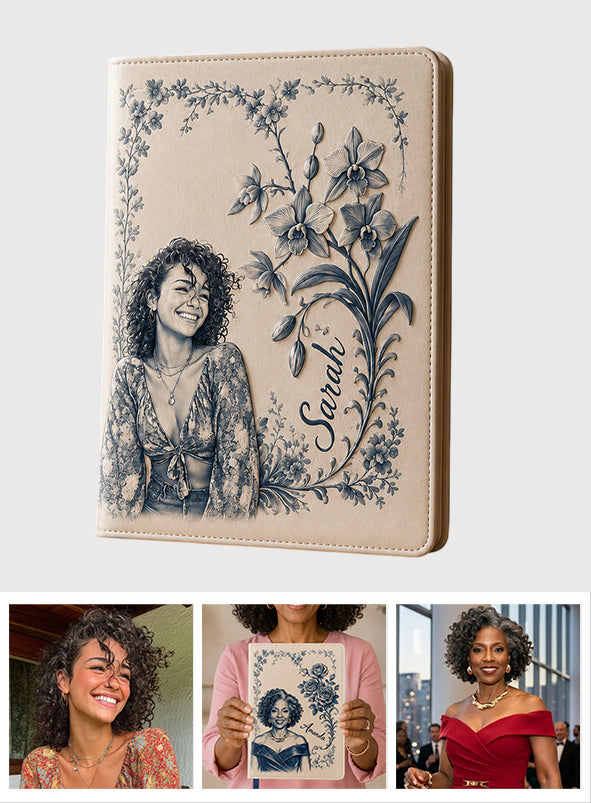 Birth Month Flower Toile de Jouy Style Custom Any Photo - Personalized Self Love Leather Journal