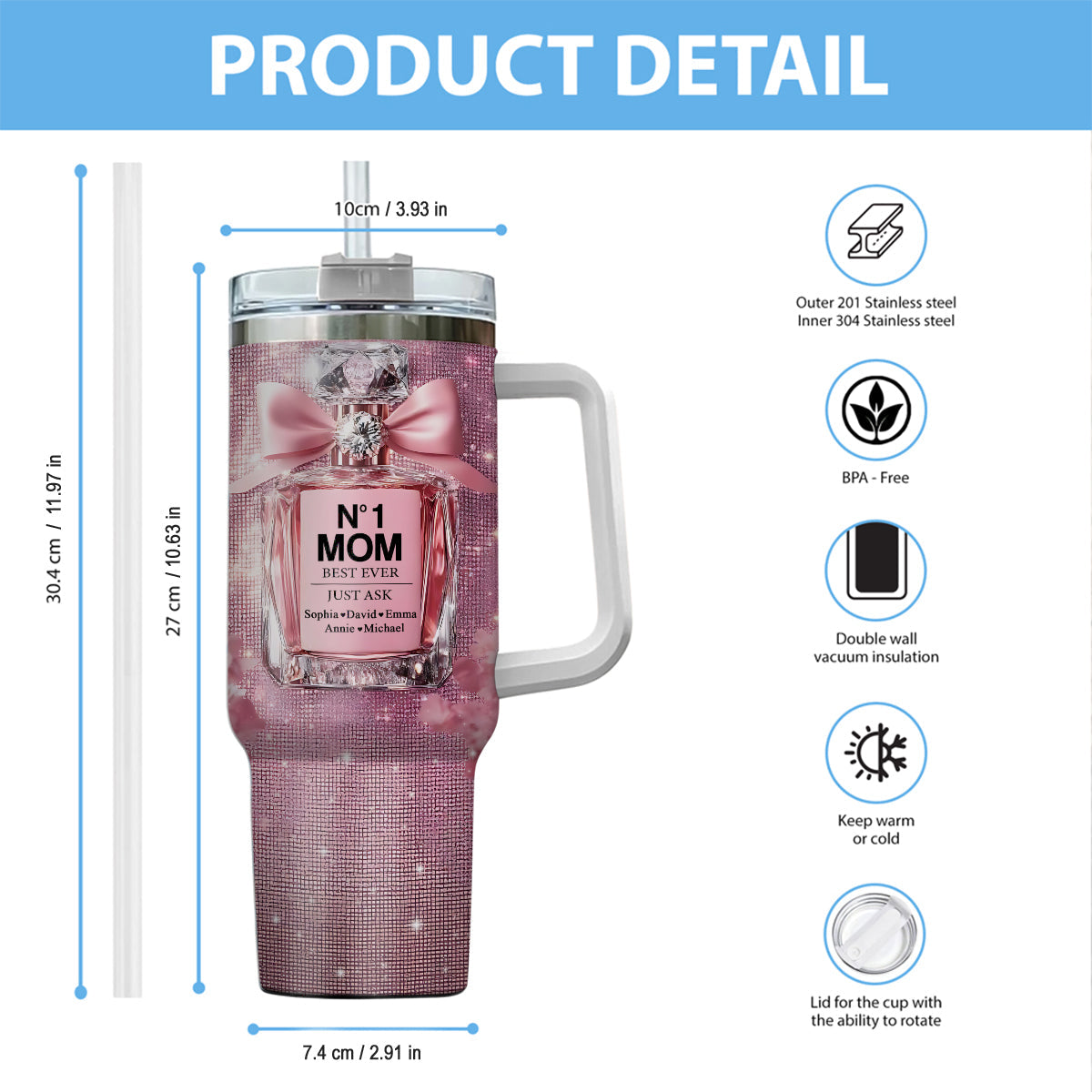 No1 Mom Ever - Personalized Mother Tumbler With Handle