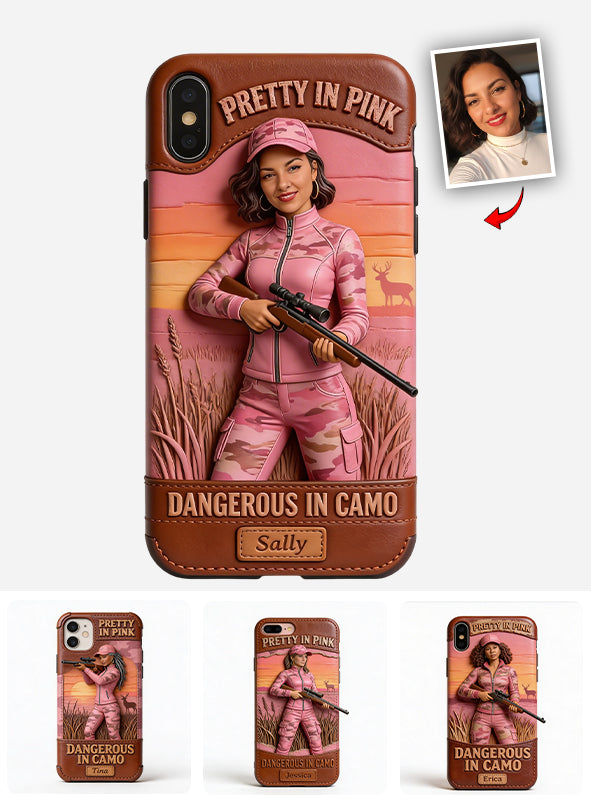 Étui de téléphone en cuir personnalisé avec n'importe quelle photo de chasse dangereuse en camouflage - Étui de téléphone de chasse en cuir personnalisé