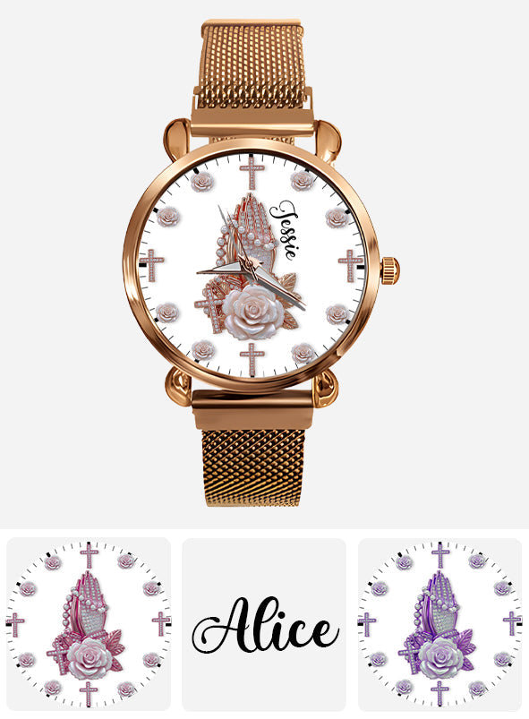 Praying Hands With Roses - Personalized Christian Women Hand Watch