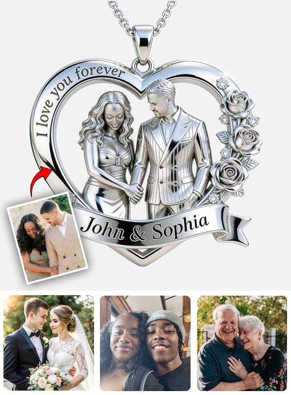 Couple Valentine Gift, I Love You Forever - Personalized Couple Shaped Metal Pendant Necklace