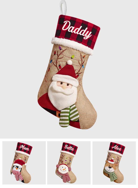 Holiday Vibes Santa Reindeer Elf Bear Snowman - Personalized Family Shaped Christmas Stocking
