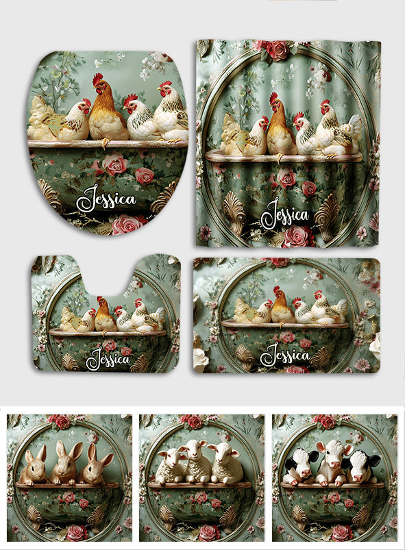 Floral Farm Animals - Personalized Farmer Bathroom Curtain & Mats Set