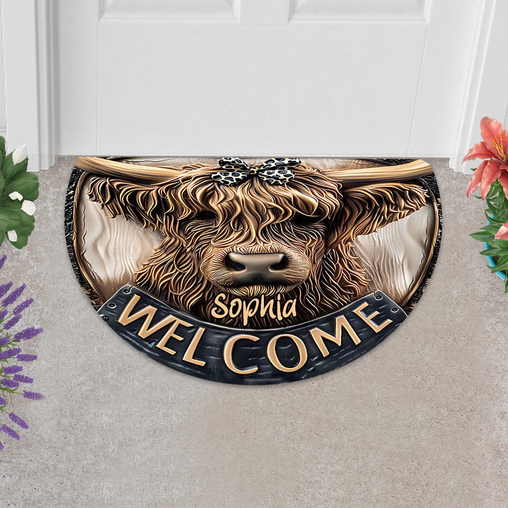 Cute Highland Cow Welcome - Personalized Shaped Doormat