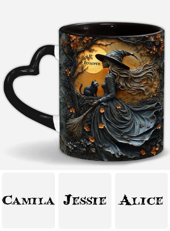 Beautiful Witch & Her Black Cat - Personalized Witch Heart Handle Mug