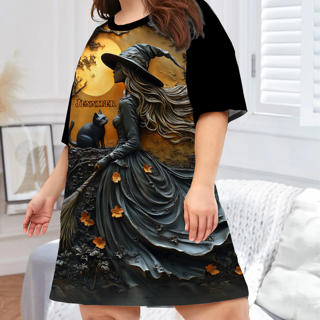 Beautiful Witch & Her Black Cat - Personalized Witch Sleep T-shirt Dress