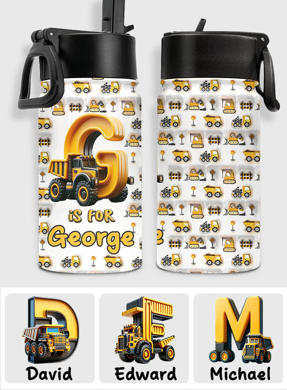 Construction Vehicles Letters - Personalized Kid Kids Water Bottle