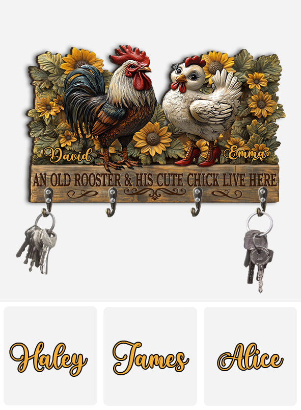 An Old Rooster And His Cute Chick Live Here - Personalized Farmer Custom Shaped Key Rack