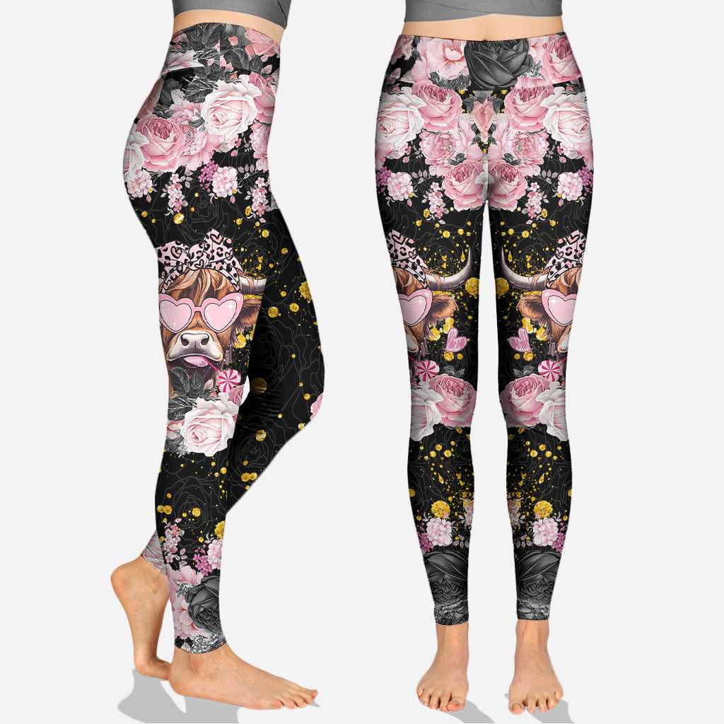 Black And Pink - Personalized Highland Cow Hoodie and Leggings