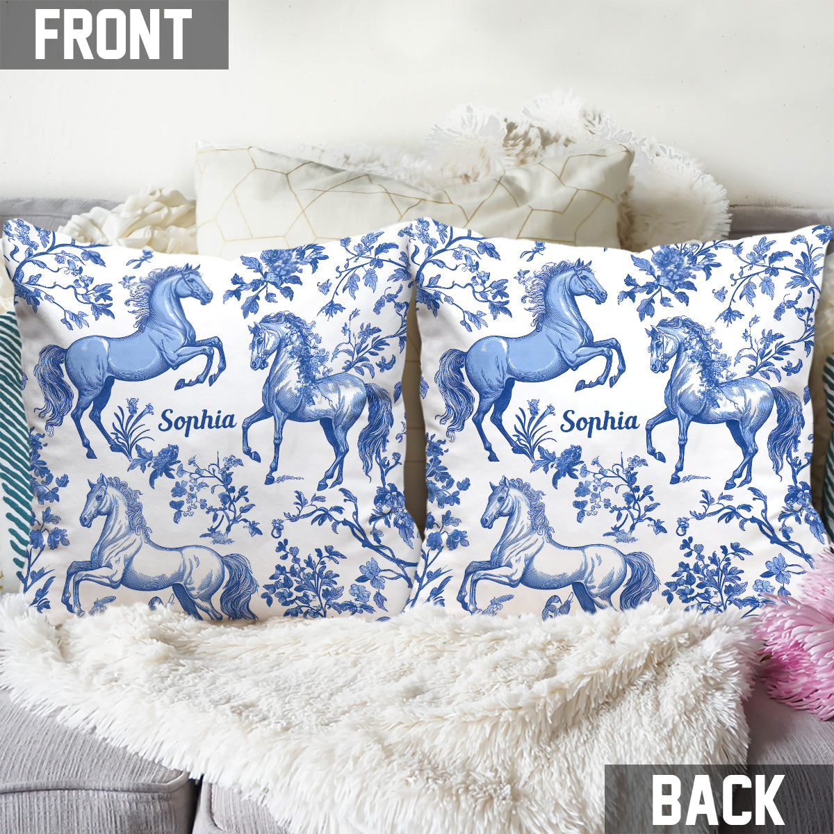 Horse Blue & White Toile de Jouy - Personalized Horse Throw Pillow