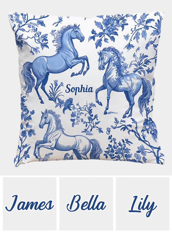 Horse Blue & White Toile de Jouy - Personalized Horse Throw Pillow