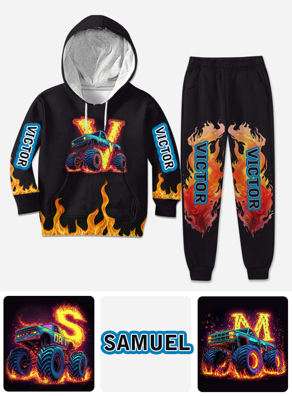 Boy's Cool Monster Truck Print Hooded Outfit - Personalized Kid Kid Hoodie & Kid Jogger Sweatpants