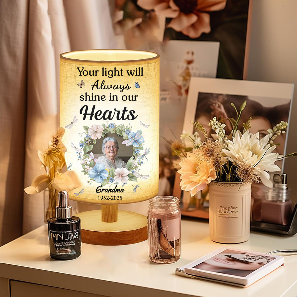 Your Light Will Always Shine In Our Hearts - Personalized Memorial Tableside Lamp With Wood Base