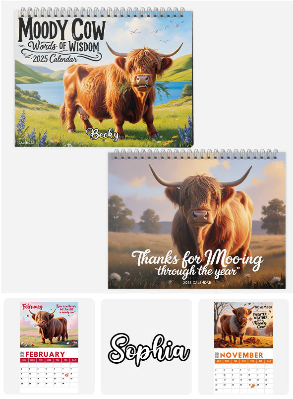 Moody Highland Cow 2025 - Personalisierter Wand- und Tischkalender mit Hochlandkuh