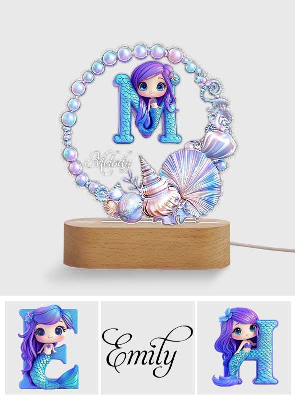 Ocean Pearl Wreath Mermaid Letter - Personalized Kid Shaped Plaque Light Base