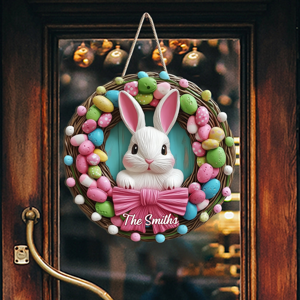 Easter Bunny Wreath - Personalized Family Custom Shaped Wood Sign