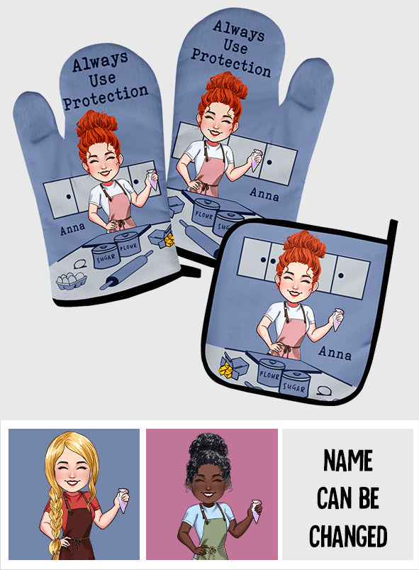 Always Use Protection - Personalized Baking Oven Mitts & Pot Holder Set