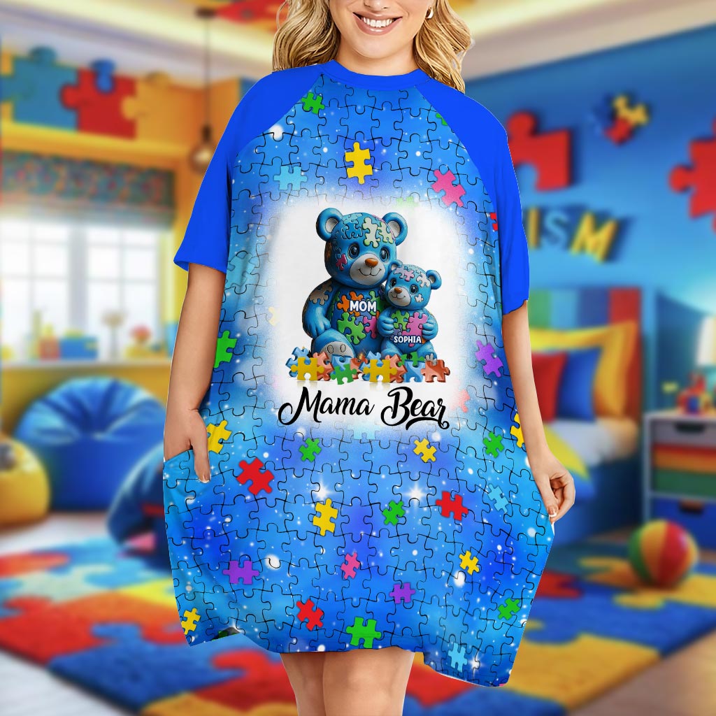Mama Bear - Personalized Autism Awareness Sleep T-shirt Dress