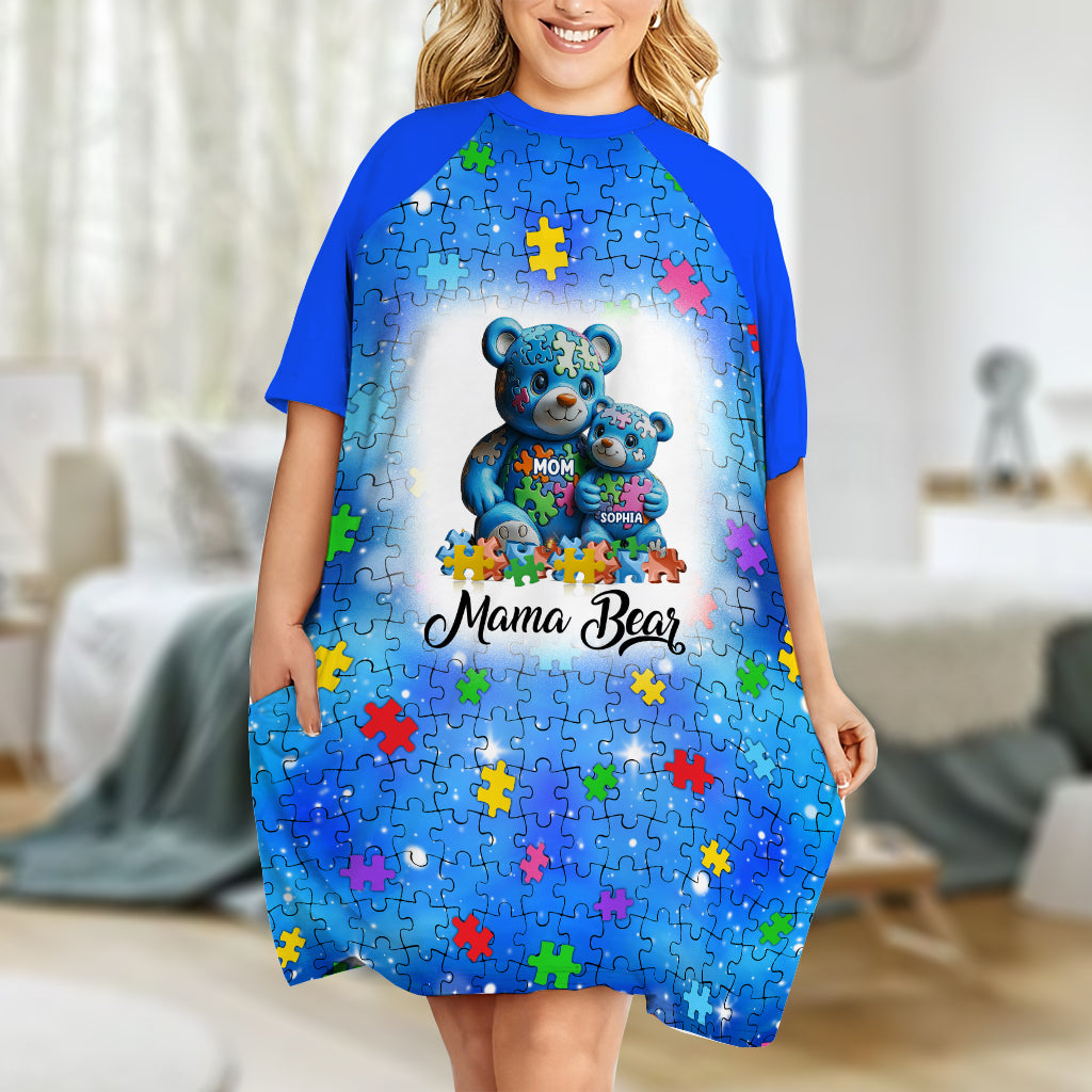 Mama Bear - Personalized Autism Awareness Sleep T-shirt Dress