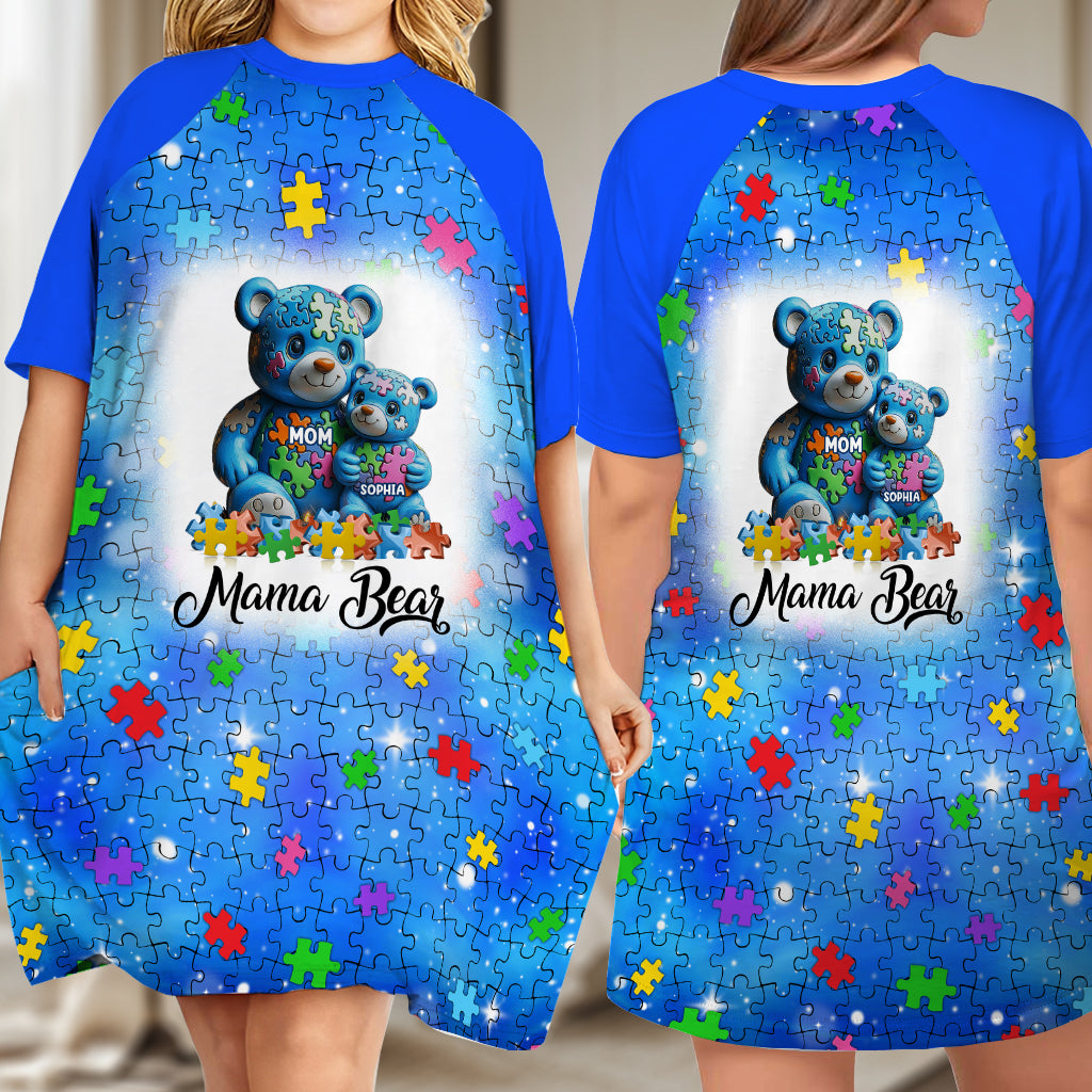 Mama Bear - Personalized Autism Awareness Sleep T-shirt Dress