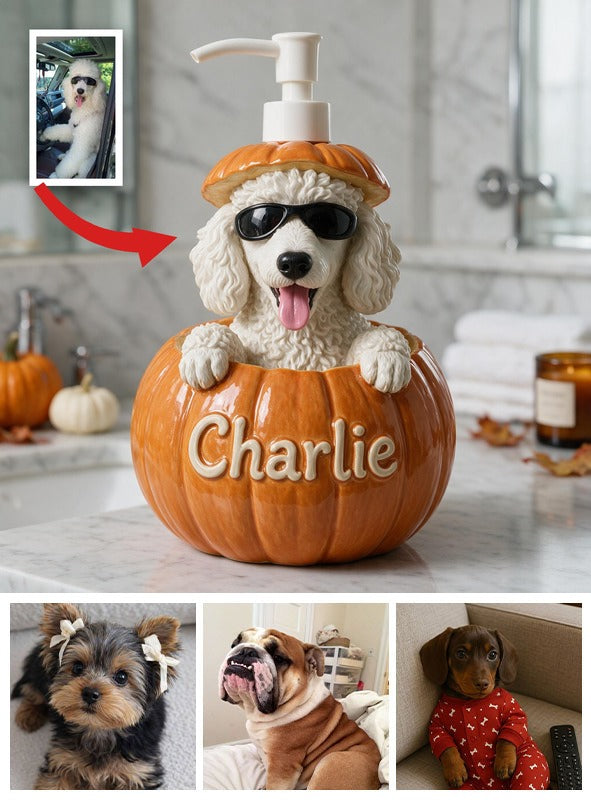 Personalized White Standard Poodle Pumpkin Soap Pump Dispenser, Cute Fall Halloween Dog Lover Home Decor Gift