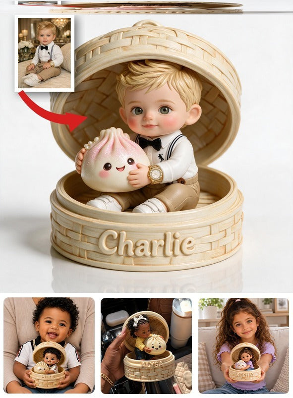 Adorable Custom Black Baby in Bamboo Steamer with Cute Dumpling Personalized Double-Sided Acrylic Plaque, Sweet New Baby Keepsake Gift