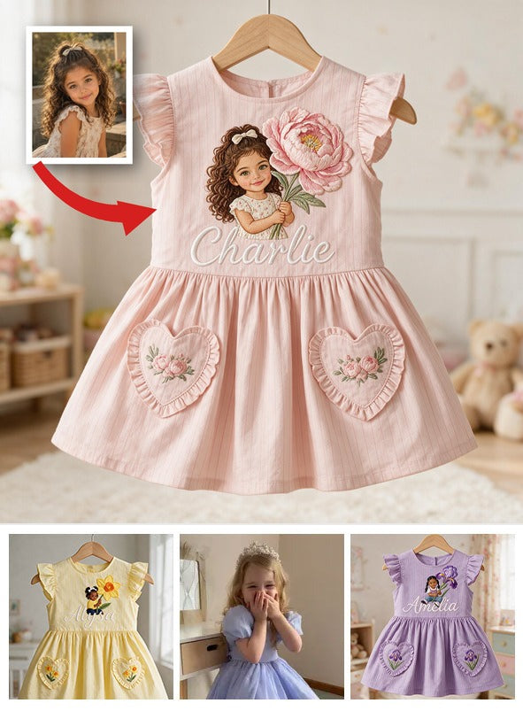 Personalized 3 Year Old Latina Girl Pink Ruffle Sleeve Kids Dress, Embroidered Little Girl Peony Custom Name Gift for Young Girls