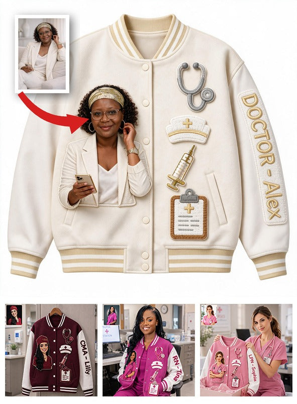 Custom Photo Old Black Doctor Varsity Jacket, Personalized Nursing Appreciation Gift for Healthcare Worker Casual Outerwear