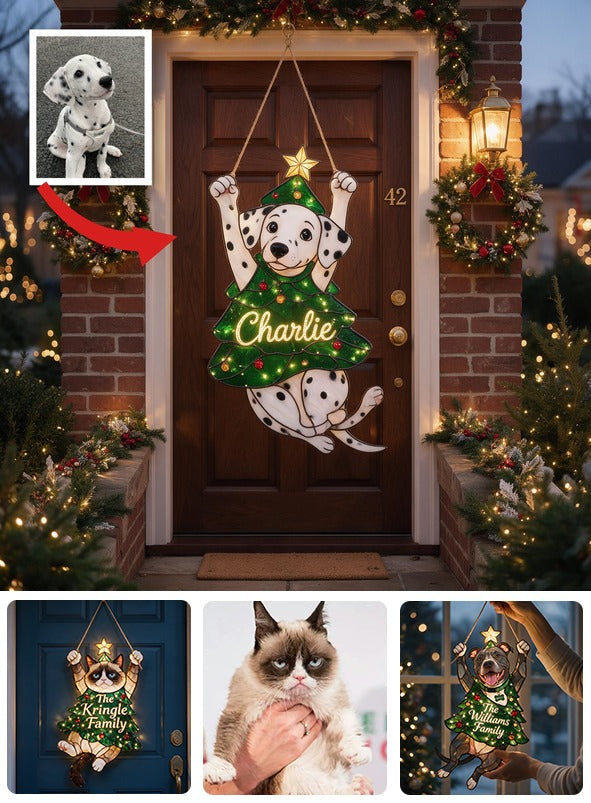 Niedliches personalisiertes LED-Acrylschild mit Dalmatiner zu Weihnachten, festliche Türdekoration für Hundeliebhaber