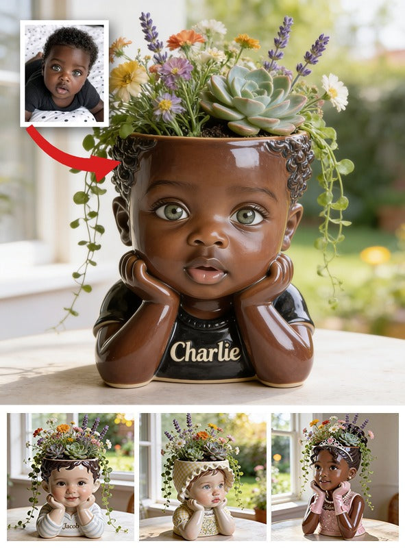 Personalized Custom Child Face Acrylic Planter Pot, Custom Name Newborn Black Kid Plant Holder for Home Decor and Thoughtful Gift