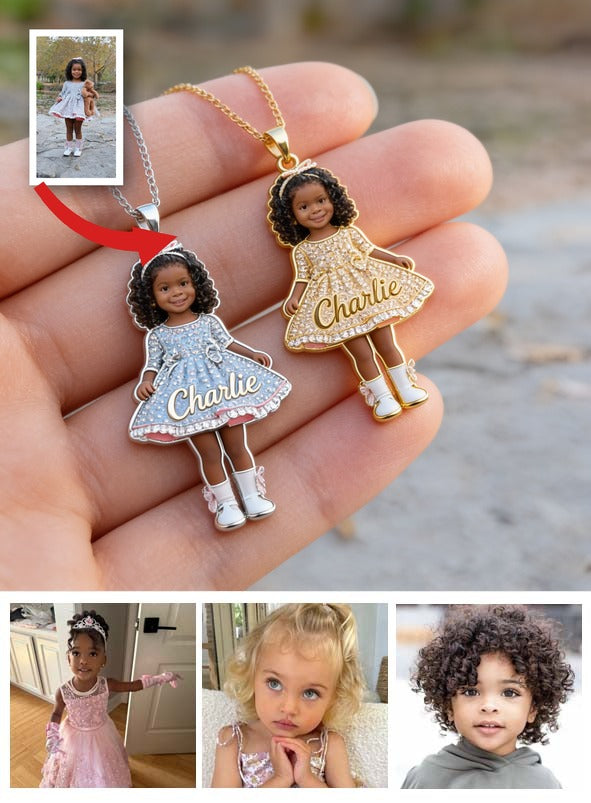Personalized 3D Kid Portrait Shaped Metal Pendant Necklace, Custom Engraved Name Keepsake Jewelry Gift for 4 Year Old Black Girl