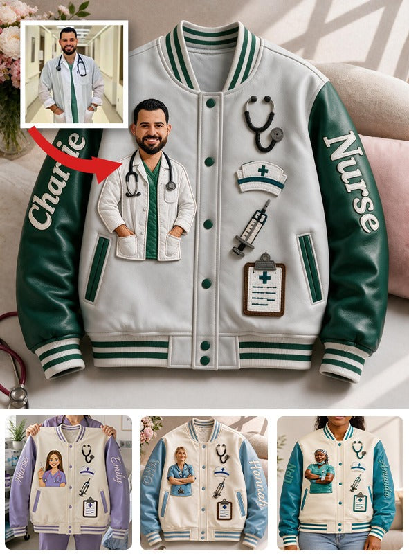 Personalized Male Nurse Caricature Varsity Jacket, Thoughtful Appreciation Gift For RN Nursing Healthcare Staff