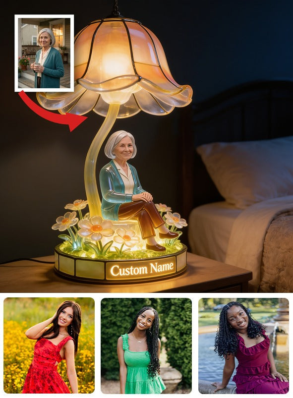Personalized Smiling Older Woman Custom Name Acrylic LED Night Light, Cozy Warm Bedroom Decor Thoughtful Grandma Gift