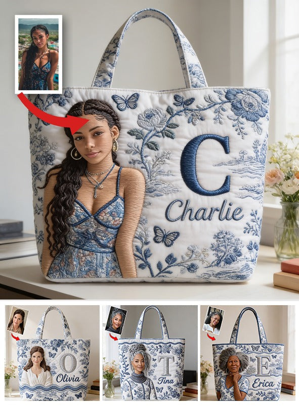 Personalized Embroidered Latina Girl Portrait Quilted Tote Bag, Custom Name Monogram Unique Self Love Everyday Carry Gift