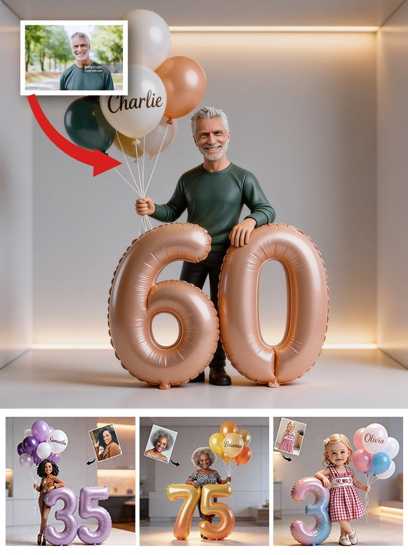 Personalized 60th Birthday Custom Shaped Acrylic Plaque, Older Latin Man Portrait with Balloons Unique Milestone Gift for Him
